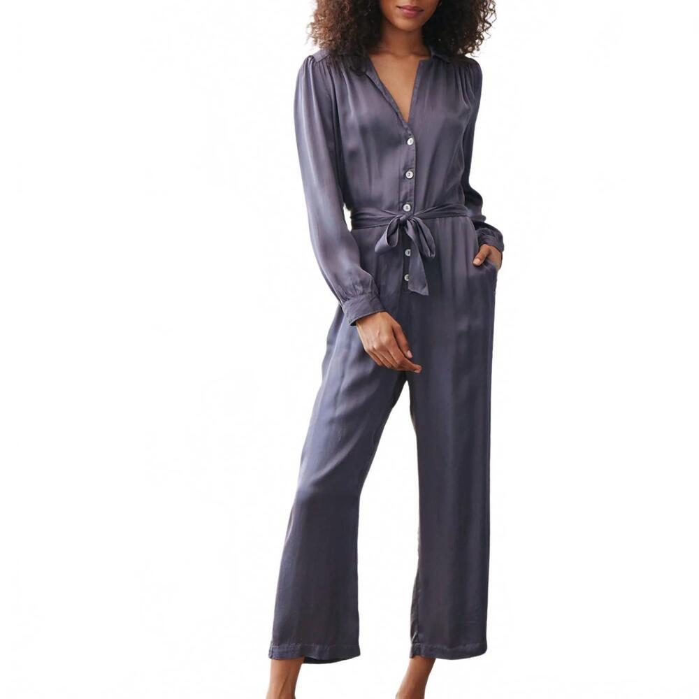 NEW BELLA DAHL women's gathered button front jumpsuit in smoke shadow
